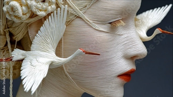Obraz Intricate Paper Sculpture of a Woman with Flying Cranes
