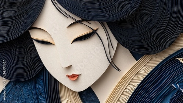Obraz Paper Art Portrait of a Geisha in Layered Blue and Ivory Strips
