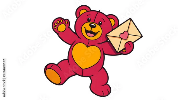 Fototapeta Joyful cartoon red teddy bear with a heart on its chest holding a love letter envelope isolated on transparent background
