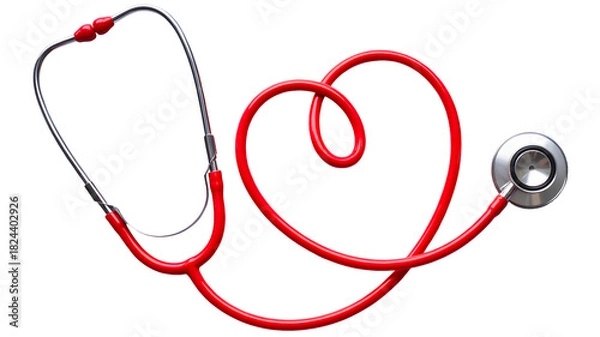 Fototapeta A bright red stethoscope artfully arranged in the shape of a heart symbolizing love for healthcare and medicine isolated on transparent background