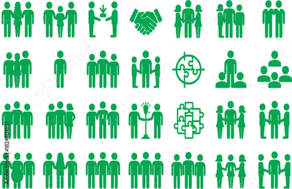 Obraz Large collection of green silhouette people and team icons on transparent background