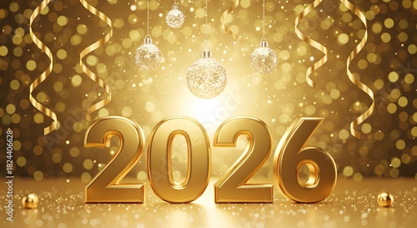 Obraz Golden 2026 new year celebration with glittering lights and festive decorations background