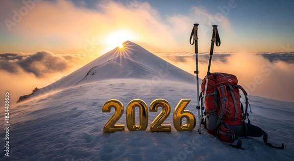 Fototapeta Climbing to new heights achieving goals in 2026 with mountain peak success