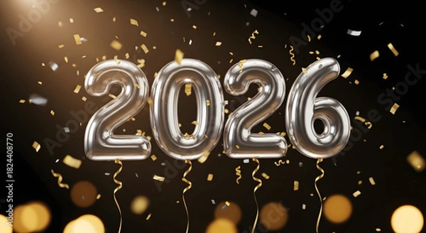 Obraz Celebrating the new year 2026 with silver balloons and confetti on a dark background