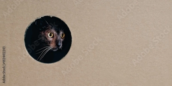 Fototapeta Funny Lykoi cat looking curious through a hole in a cardboard box. Panoramic image with copy space.	