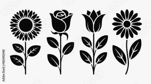 Fototapeta Set of flower icons minimalist black glyph style vector design elements for spring summer and botanical themes