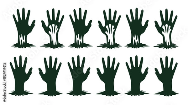Fototapeta Zombie hand silhouettes rising from the ground creepy vector illustration for Halloween designs isolated on white background