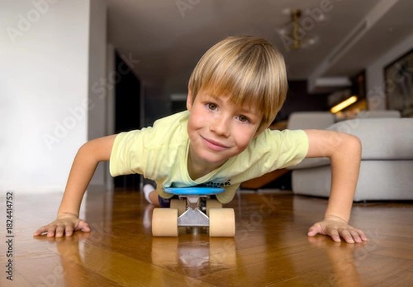 Fototapeta Smiling blond boy of 6 years old playing on a scooter at home.