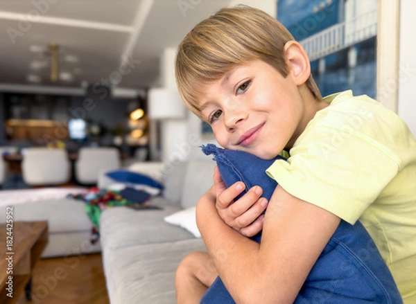 Fototapeta Cute blond boy hugging a cushion while sitting on the couch at home