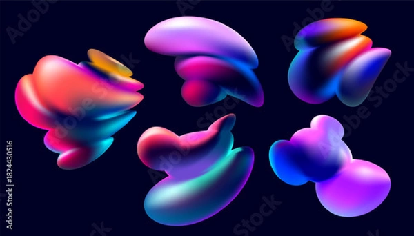 Fototapeta Set of iridescent fluid shapes and bubbles. Collection of colorful vector design elements.