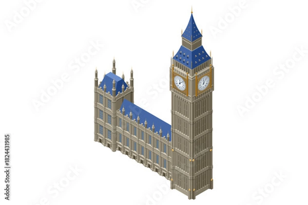 Obraz Isometric illustration of Big Ben and the Palace of Westminster, featuring detailed gothic architecture and classic London landmark elements.