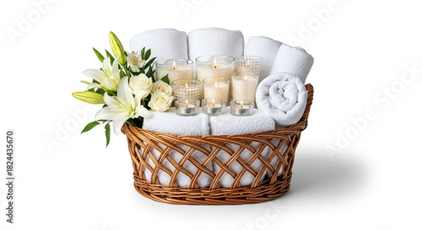 Obraz Elegant Wicker Spa Gift Basket with White Towels, Candles, and Flowers on Clean White Background