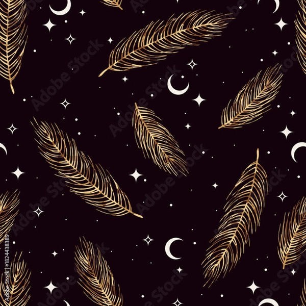 Fototapeta Vector gold seamless pattern with Christmas fir branches. For design, print or background.
