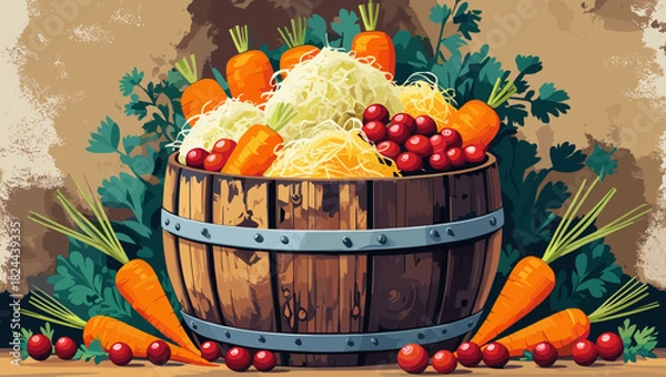 Obraz Fresh vegetables in a wooden barrel on a rustic background