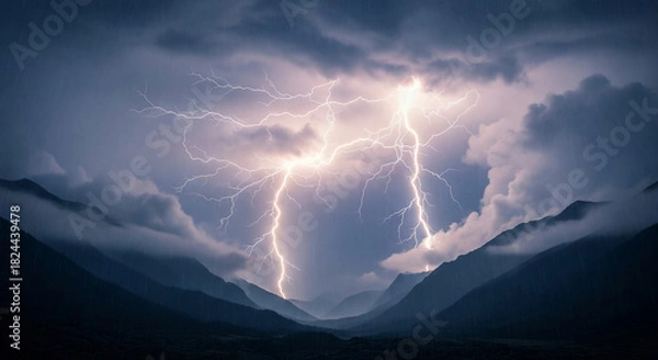 Obraz Dramatic Mountain Valley Silhouette Struck by Massive Forked Lightning During a Thunderstorm