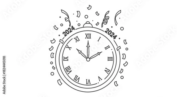Fototapeta A black and white line drawing of a clock striking midnight, celebrating New Year's Eve 2024 with confetti.