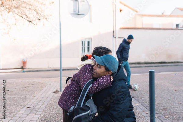 Obraz Father and daughter affectionately hugging outdoors, sharing a tender moment of love and connection on a sidewalk while other people pass by