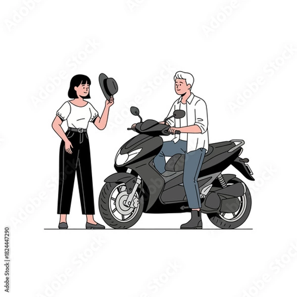 Obraz Illustration of a stylish couple interacting with a modern scooter in a bright setting