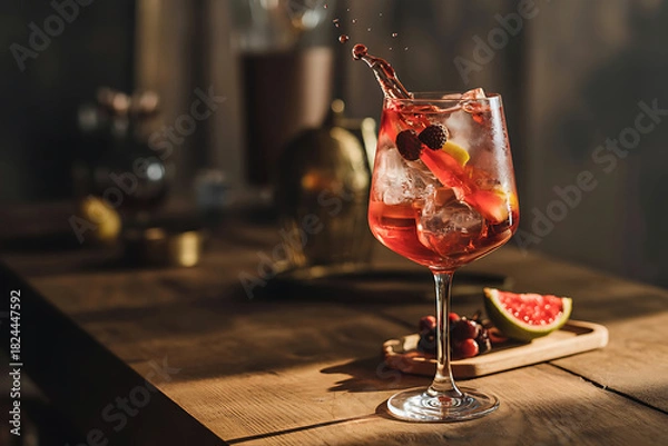 Fototapeta Cold Festive Transparent Cocktail with Ice, Berries and Red Liquor Splash on Vintage Wooden Table