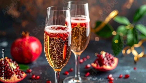 Fototapeta Festive champagne flutes with pomegranate seeds, surrounded by fruit, leaves, and golden ribbon on gray surface.