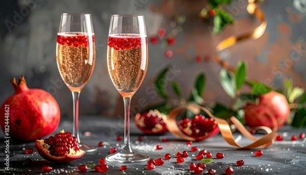 Obraz Festive champagne flutes with pomegranate seeds, surrounded by fruit, leaves, and golden ribbon on gray surface.