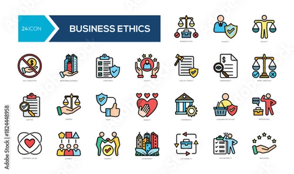 Fototapeta A collection of 24 flatline icons representing ethical principles in business
