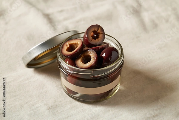 Fototapeta Sliced Black Olives Preserved in open Glass Jar on white Background
