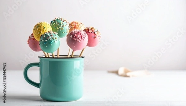 Obraz Colorful cake pops in turquoise mug on light wooden surface with clean white background.