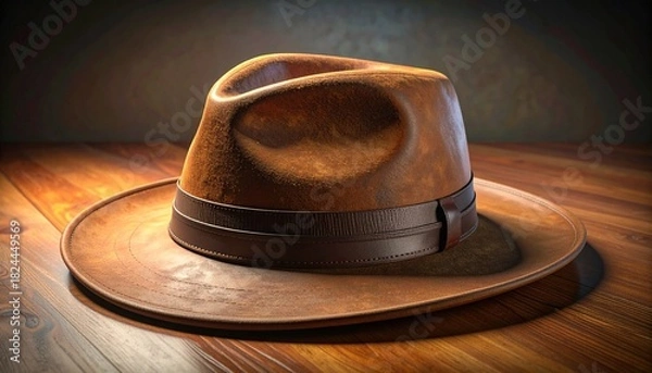 Fototapeta Brown fedora with black band, rugged texture and classic shape, lit dramatically against dark backdrop.