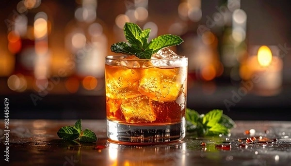 Fototapeta Two glasses of iced tea with mint and lime on wooden surface, warm lighting and refreshing summer vibe.