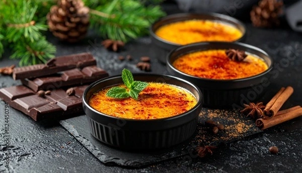 Fototapeta Festive crème brûlée with holiday decorations including pinecones, cinnamon, dried oranges, and a chocolate “2024” on dark slate.