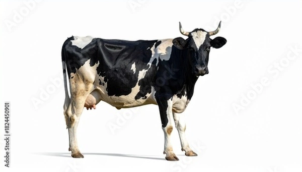 Fototapeta Holstein cow standing on white background with visible udder and black-white markings, full-body view.