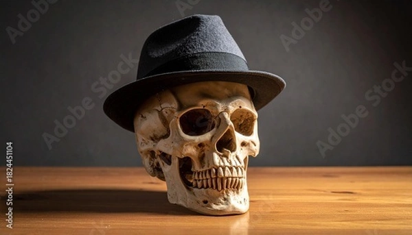 Fototapeta Person in black suit and fedora with skull face against dark textured background, evoking mystery and death.