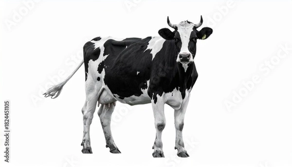 Fototapeta Holstein cow standing on white background with visible udder and black-white markings, full-body view.
