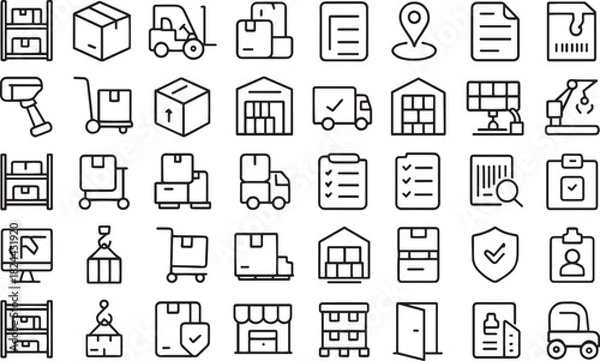 Fototapeta Logistics and warehouse icon set for delivery, storage, and shipping services Vector
