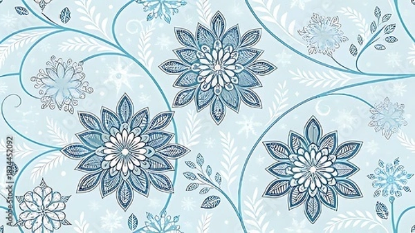 Obraz Elegant blue and white floral pattern with swirling vines and snowflake motifs