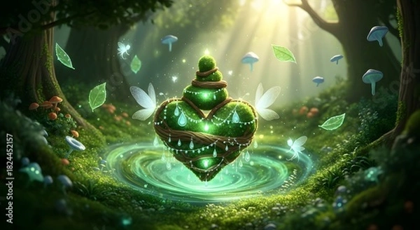Fototapeta Mystical green potion bottle floating above a magical forest pool