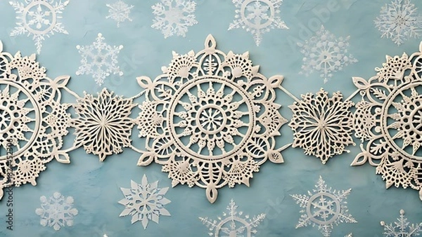 Fototapeta Intricate white lace snowflake garland on a soft blue background