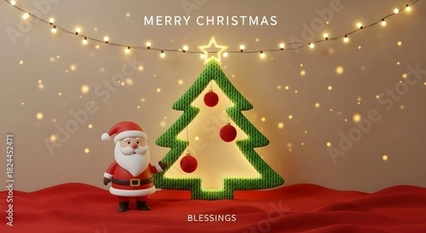 Fototapeta Festive christmas scene with santa claus and illuminated tree decoration