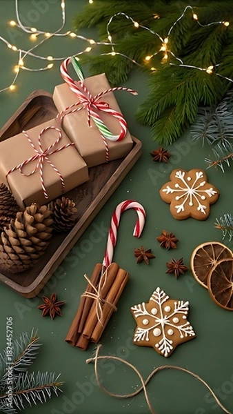 Obraz Festive christmas gifts and treats with pine cones and lights