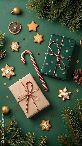 Obraz Festive christmas gifts and treats arranged on a green background with pine needles
