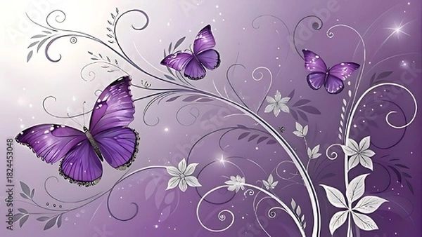 Obraz Elegant purple butterflies and floral swirls on a soft gradient background