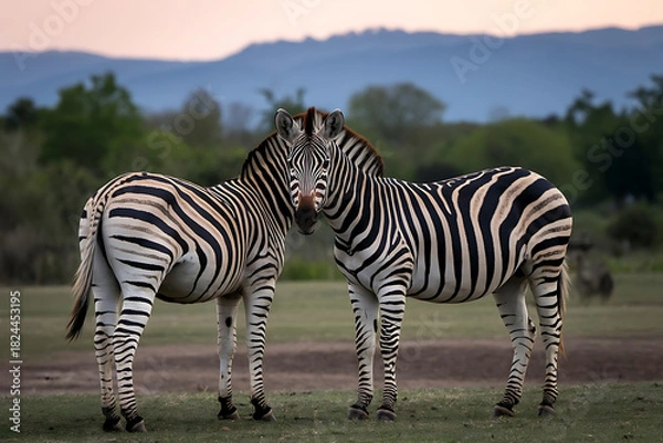 Fototapeta Plains Zebras (Equus quagga) Roaming the Park at Evening Light