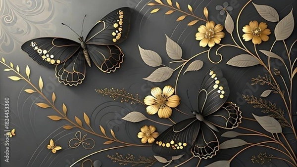 Obraz Elegant black butterflies and golden flowers on a dark textured background