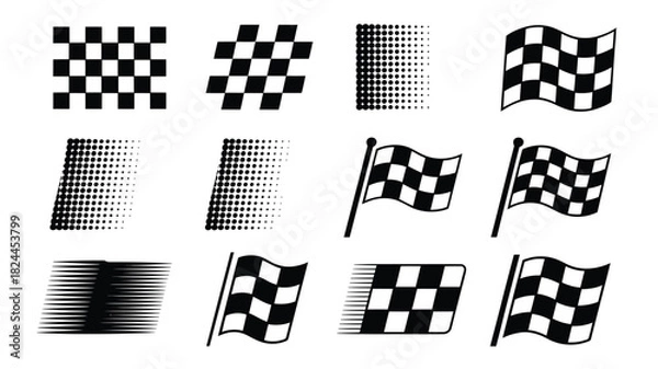 Fototapeta Set of checkered flag illustrations racing finish line symbols in various styles vector design element isolated on white background