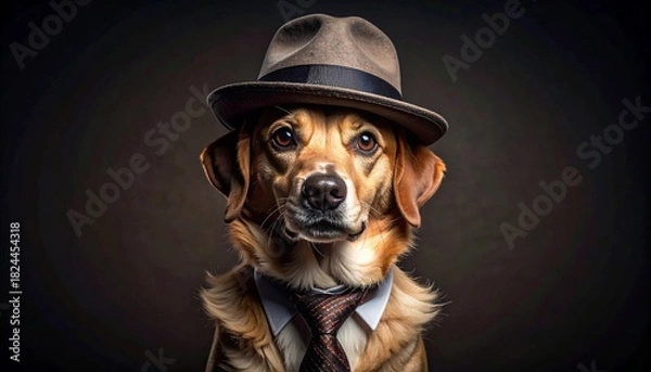 Fototapeta Dog in suit, tie, and fedora posed formally against dark background, blending humor and elegance.
