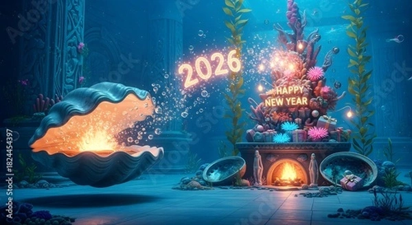Fototapeta Underwater new year celebration with fireworks and a christmas tree for 2026