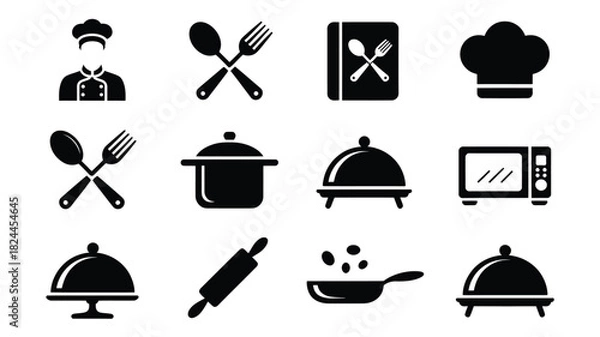 Fototapeta Set of cooking and kitchen icons simple black glyph vector design perfect for culinary websites and restaurant menus