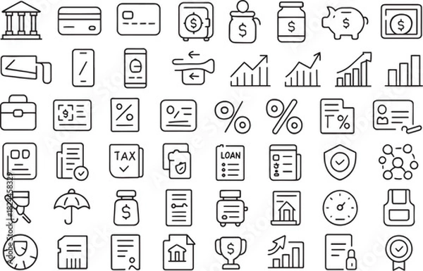 Fototapeta Finance and banking icons set with bank, credit cards, piggy bank, safe Vector