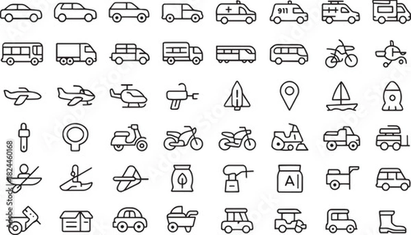 Fototapeta Set of transportation and vehicle line icons on white background Vector